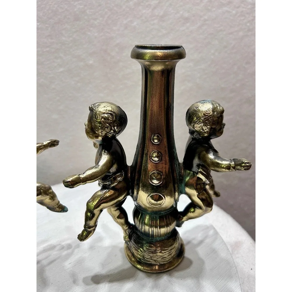 Vintage Cherub Brass Tone Candle Holder Pair Ornate Putti Neoclassical Decor Set